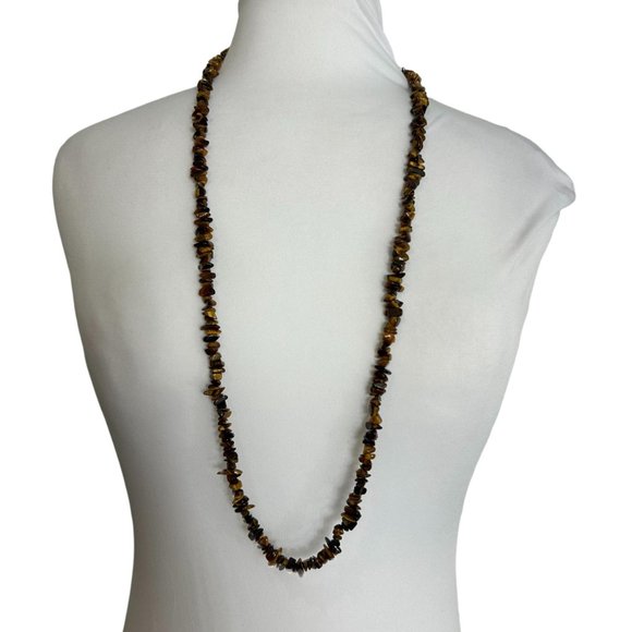 Chip Bead Stone Necklace Chipie Brown 34" Long Boho - Picture 7 of 7